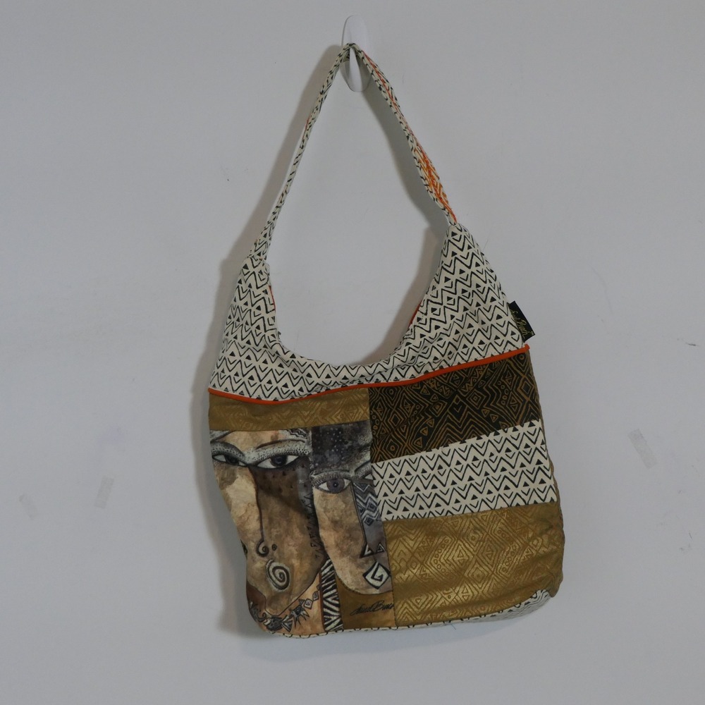 Laurel Burch Women Hobo Bag M Gold Black White Folk Art Geometric Boho Eclectic